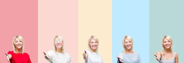 Колаж Красивої Блондинки Над Різнокольоровими Смугами Ізольований Фон Усміхнений Доброзичливий — стокове фото