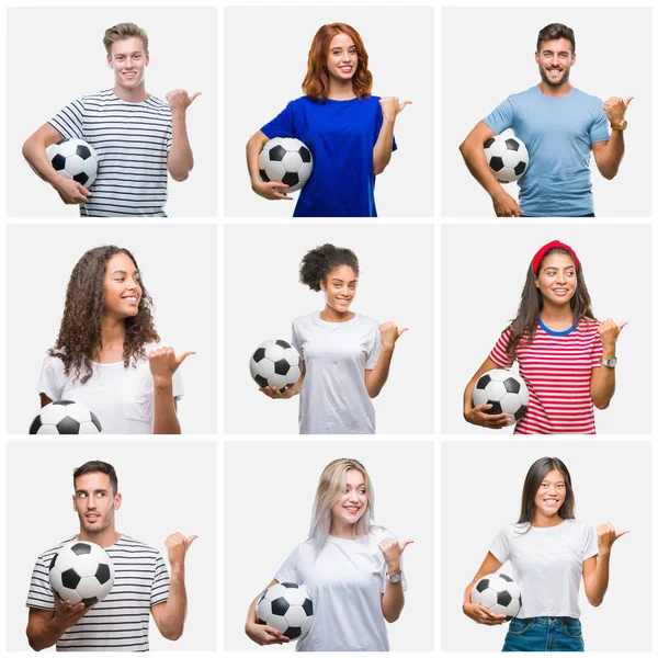 Kolaż Grupy Młodych Ludzi Posiadających Piłki Nożnej Białym Tle Wskazując — Zdjęcie stockowe