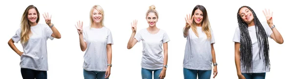 分離背景表示と指で上向きにカジュアルな白い シャツを着ている美しい女性のグループのコラージュは 自信を持って 幸せな笑みを浮かべている間 番します — ストック写真