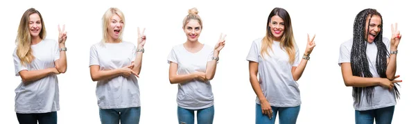 Колаж Групи Красивих Жінок Носять Повсякденну Білу Футболку Над Ізольованим — стокове фото