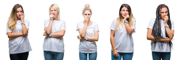 Collage Grupo Hermosa Mujer Con Camiseta Blanca Casual Sobre Fondo —  Fotos de Stock