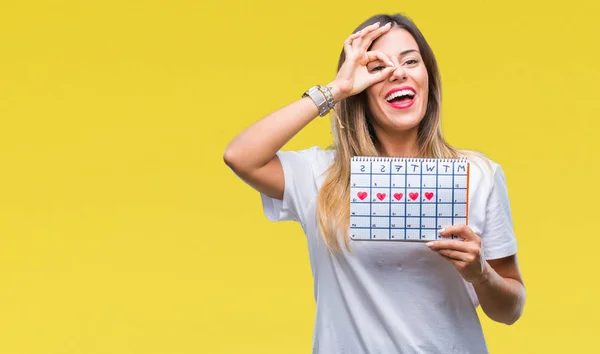 Jonge Mooie Vrouw Houdt Van Menstruatie Kalender Geïsoleerde Achtergrond Met — Stockfoto