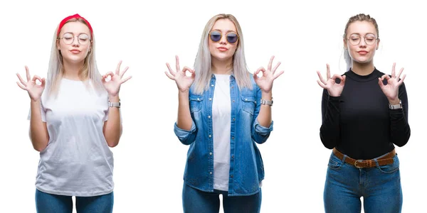 Collage Von Schönen Blonden Jungen Frau Mit Brille Über Isoliertem — Stockfoto