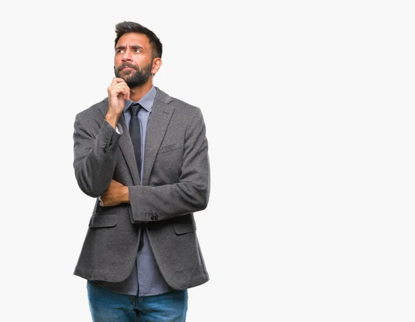 Adult Hispanic Business Man Isolated Background Hand Chin Thinking Question — Stock Photo, Image