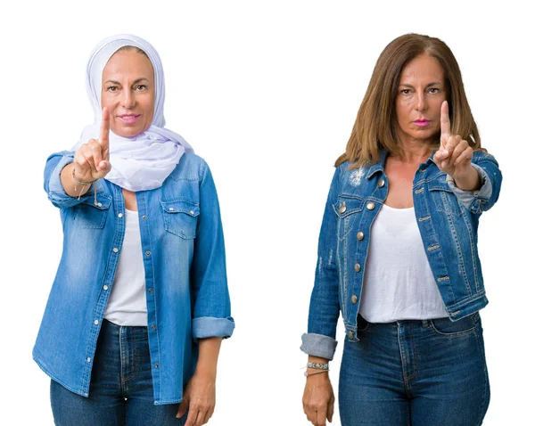 Collage Hermosa Mujer Árabe Mediana Edad Sobre Fondo Aislado Señalando —  Fotos de Stock