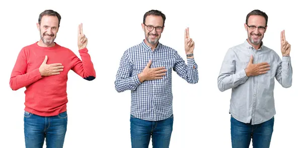 Collage Handsome Senior Man White Isolated Background Swearing Hand Chest — Stock Photo, Image