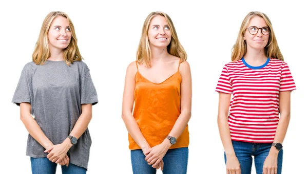 Collage Van Mooie Blonde Vrouw Witte Geïsoleerde Achtergrond Glimlachend Uitziende — Stockfoto