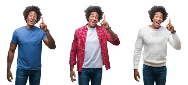 非洲裔美国年轻人英俊的拼贴在孤立的背景指向手指与成功的想法 离开和快乐 — 图库照片