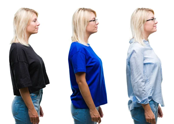 Collage Van Mooie Blonde Vrouw Geïsoleerd Achtergrond Zoek Naar Kant — Stockfoto