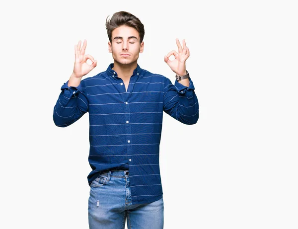 Jovem Homem Bonito Vestindo Camisa Marinha Sobre Fundo Isolado Relaxar — Fotografia de Stock