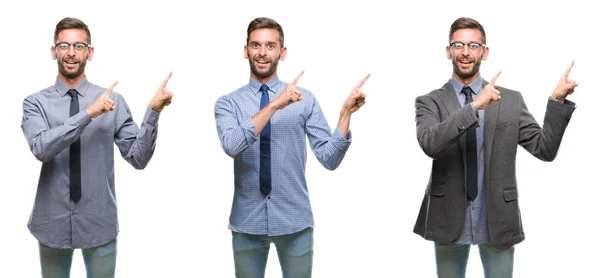 Collage Young Business Hispanic Man Isolated Background Smiling Looking Camera — Stock Photo, Image