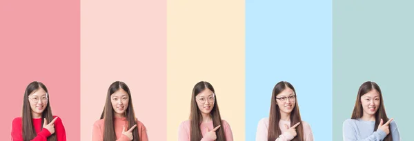 美丽的亚洲女人在五颜六色的条纹孤立的背景欢快的拼贴与微笑的脸指向用手和手指到一边 愉快和自然的表情在脸上 — 图库照片