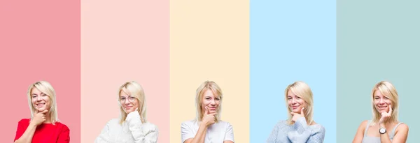 다채로운 줄무늬 미소와 카메라에 자신감을 금발의 콜라주 긍정적인 — 스톡 사진