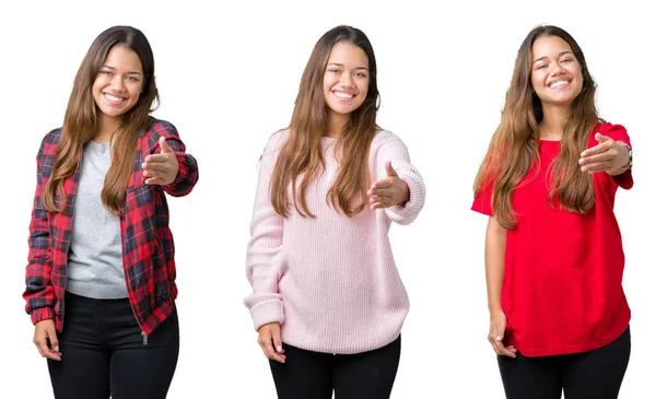 Collage Hermosa Mujer Joven Sobre Fondo Aislado Sonriendo Amistoso Ofreciendo —  Fotos de Stock
