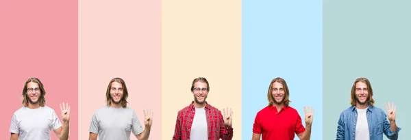 Collage Giovane Bell Uomo Strisce Colorate Sfondo Isolato Mostrando Puntando — Foto Stock