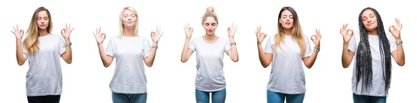 Colagem Grupo Mulher Bonita Vestindo Camiseta Branca Casual Sobre Fundo — Fotografia de Stock