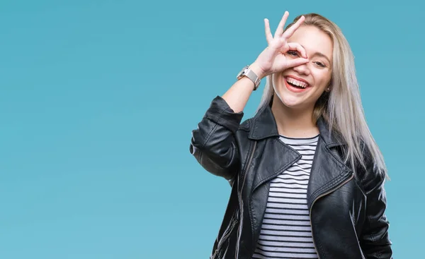 Mulher Loira Jovem Vestindo Jaqueta Moda Sobre Fundo Isolado Fazendo — Fotografia de Stock