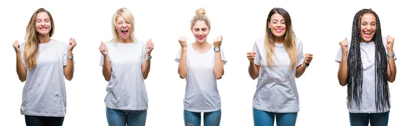 Colagem Grupo Bela Mulher Vestindo Camiseta Branca Casual Sobre Fundo — Fotografia de Stock