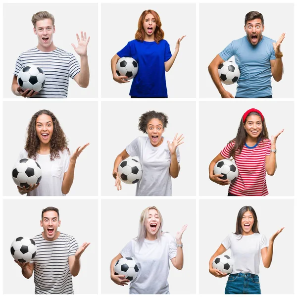 Kolaż Grupy Młodych Ludzi Posiadających Piłki Nożnej Białym Tle Bardzo — Zdjęcie stockowe