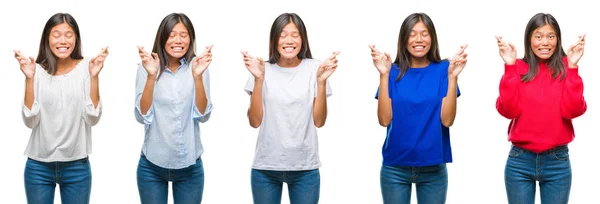 Composição Mulher Asiática Chinesa Sobre Fundo Isolado Sorrindo Cruzando Dedos — Fotografia de Stock