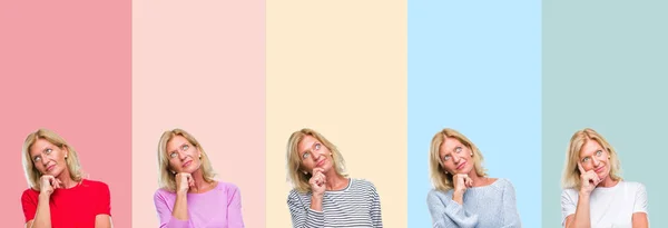 Collage Middle Age Senior Beautiful Woman Colorful Stripes Isolated Background — Stock Photo, Image