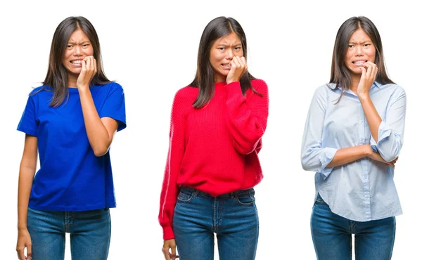 Collage Einer Jungen Asiatischen Frau Die Vor Weißem Isoliertem Hintergrund — Stockfoto