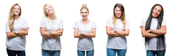 Collage Grupo Hermosa Mujer Vistiendo Casual Camiseta Blanca Sobre Fondo — Foto de Stock