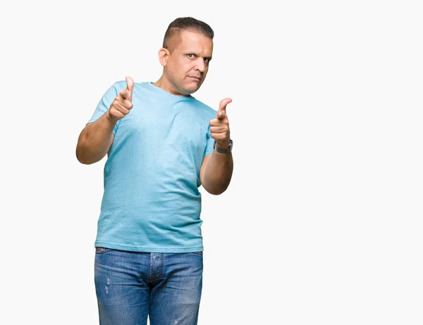 Middle Age Arab Man Wearing Blue Shirt Isolated Background Pointing — Stock Photo, Image