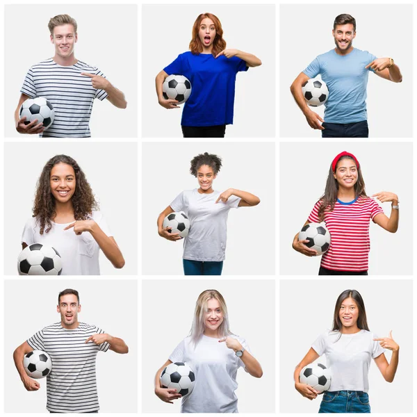 Colagem Grupo Jovens Segurando Bola Futebol Sobre Fundo Isolado Com — Fotografia de Stock