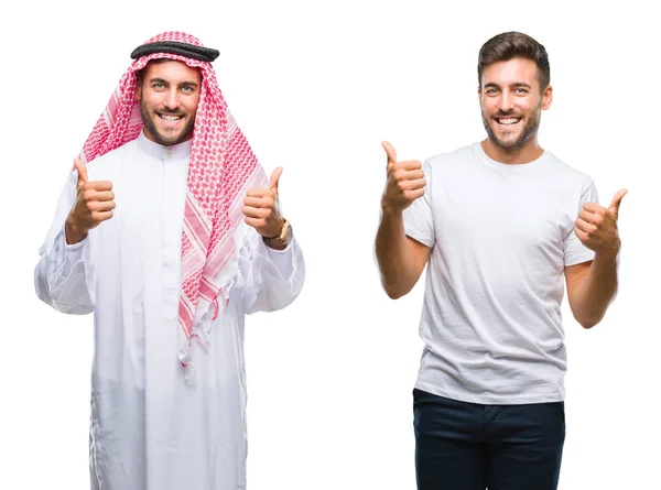 ハンサムな若い男と孤立した背景成功記号手で肯定的なジェスチャーをして笑顔と幸せの親指の上のアラブ人のコラージュ 勝者ジェスチャー晴れやかな表情でカメラを見てください — ストック写真