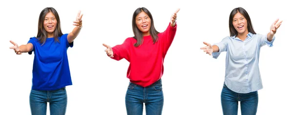 Collage Asiatisk Ung Kvinna Står Över Vita Isolerade Bakgrunden Tittar — Stockfoto