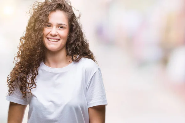 Bella Bruna Capelli Ricci Giovane Ragazza Indossa Casual Shirt Sfondo — Foto Stock