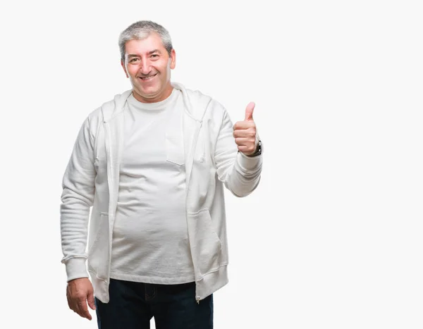 Hombre Mayor Guapo Usando Ropa Deportiva Sobre Fondo Aislado Haciendo —  Fotos de Stock