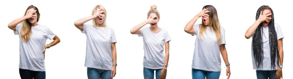 Collage Group Beautiful Woman Wearing Casual White Shirt Isolated Background — Stock fotografie