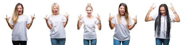 Collage Van Groep Van Mooie Vrouw Dragen Casual Wit Shirt — Stockfoto