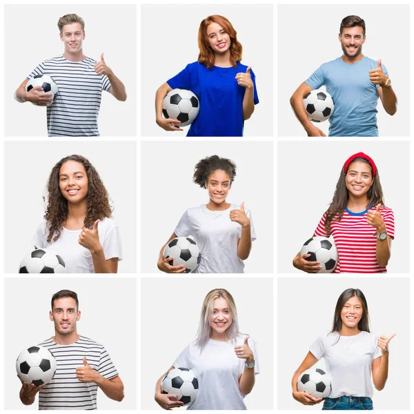 Collage Einer Gruppe Junger Leute Mit Fußballball Vor Isoliertem Hintergrund — Stockfoto