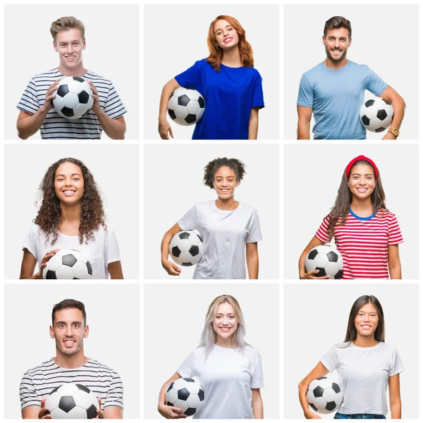 Kolaż Grupy Młodych Ludzi Posiadających Piłki Nożnej Białym Tle Szczęśliwy — Zdjęcie stockowe