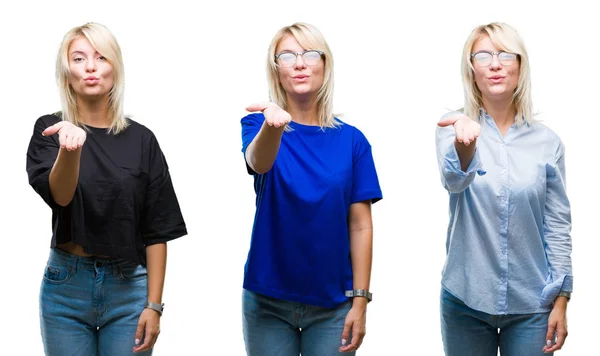 Collage Vacker Blond Kvinna Över Isolerade Bakgrund Tittar Kameran Blåser — Stockfoto