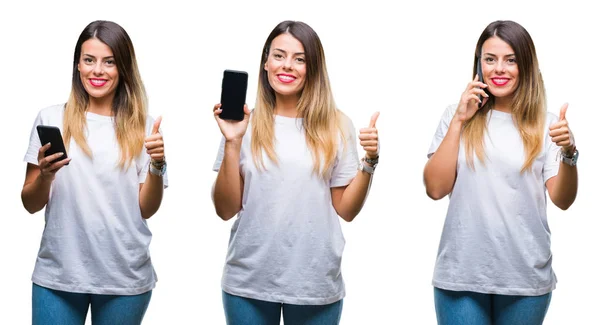 年轻美丽的女人拼贴使用智能手机在孤立的背景快乐与大大的微笑做确定的标志 用手指竖起大拇指 优秀的标志 — 图库照片
