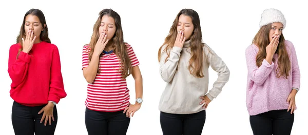 Collage Hermosa Mujer Joven Sobre Fondo Aislado Aburrido Bostezo Cansado — Foto de Stock