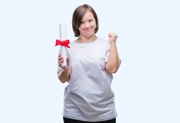 Jonge Volwassen Vrouw Met Downsyndroom Bedrijf Mate Geïsoleerde Achtergrond Schreeuwen — Stockfoto