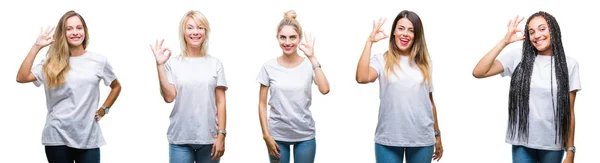 손가락으로 사인을 긍정적인 캐주얼 티셔츠를 여자의 콜라주 성공적인 — 스톡 사진