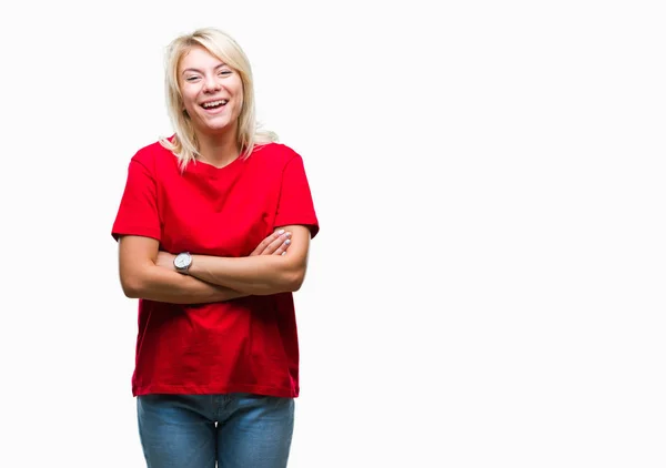 Młody Piękny Kobieta Blonde Noszenie Czerwony Shirt Nad Białym Tle — Zdjęcie stockowe