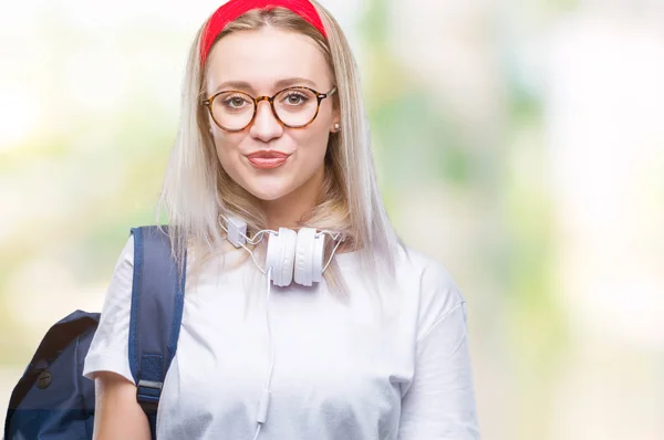 Joven Estudiante Rubia Con Gafas Mochila Sobre Fondo Aislado Con —  Fotos de Stock