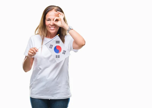 Middelbare Leeftijd Spaanse Vrouw Houdt Van Vlag Van Zuid Korea — Stockfoto