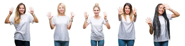 Collage Gruppo Bella Donna Che Indossa Casual Shirt Bianca Sfondo — Foto Stock