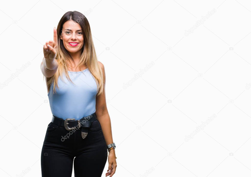 Young beautiful elegant business woman over isolated background showing and pointing up with finger number one while smiling confident and happy.
