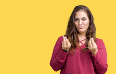 Artı boyutu genç kadın izole arka plan güzel yapıyor para jest maaş ödeme için milyoner iş isteyen el ile