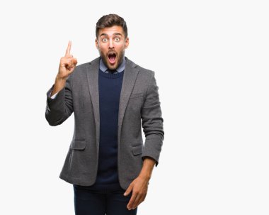 Genç yakışıklı iş adamı ile başarılı fikir parmağı yukarıyı izole arka plan üzerinde. Çıktıktan ve mutlu. Bir numara.