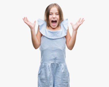 Genç güzel kız deli kutluyor ve silah ile başarı için heyecanlı çığlık kaldırdı ve açık gözleri hayret izole arka plan yüzünden. Kazanan kavramı